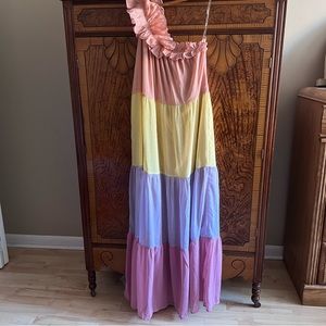 beautiful pastel one shoulder shimmery easter ruffled maxi dress